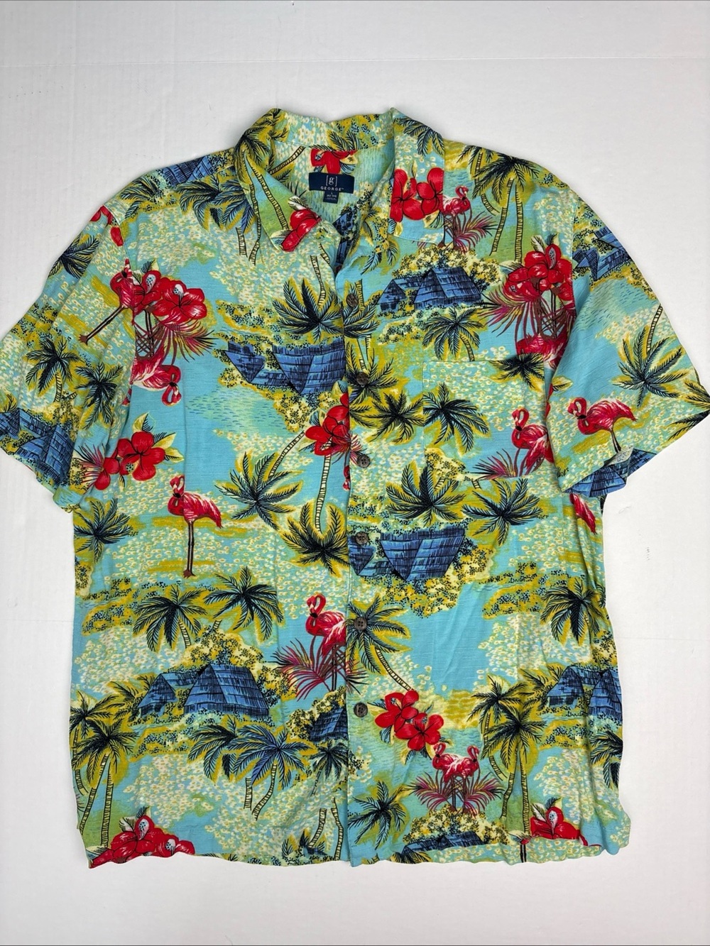 George Men Large Shirt Tropical Flamingo Palm Tree Rayon Button Up Short Sleeve